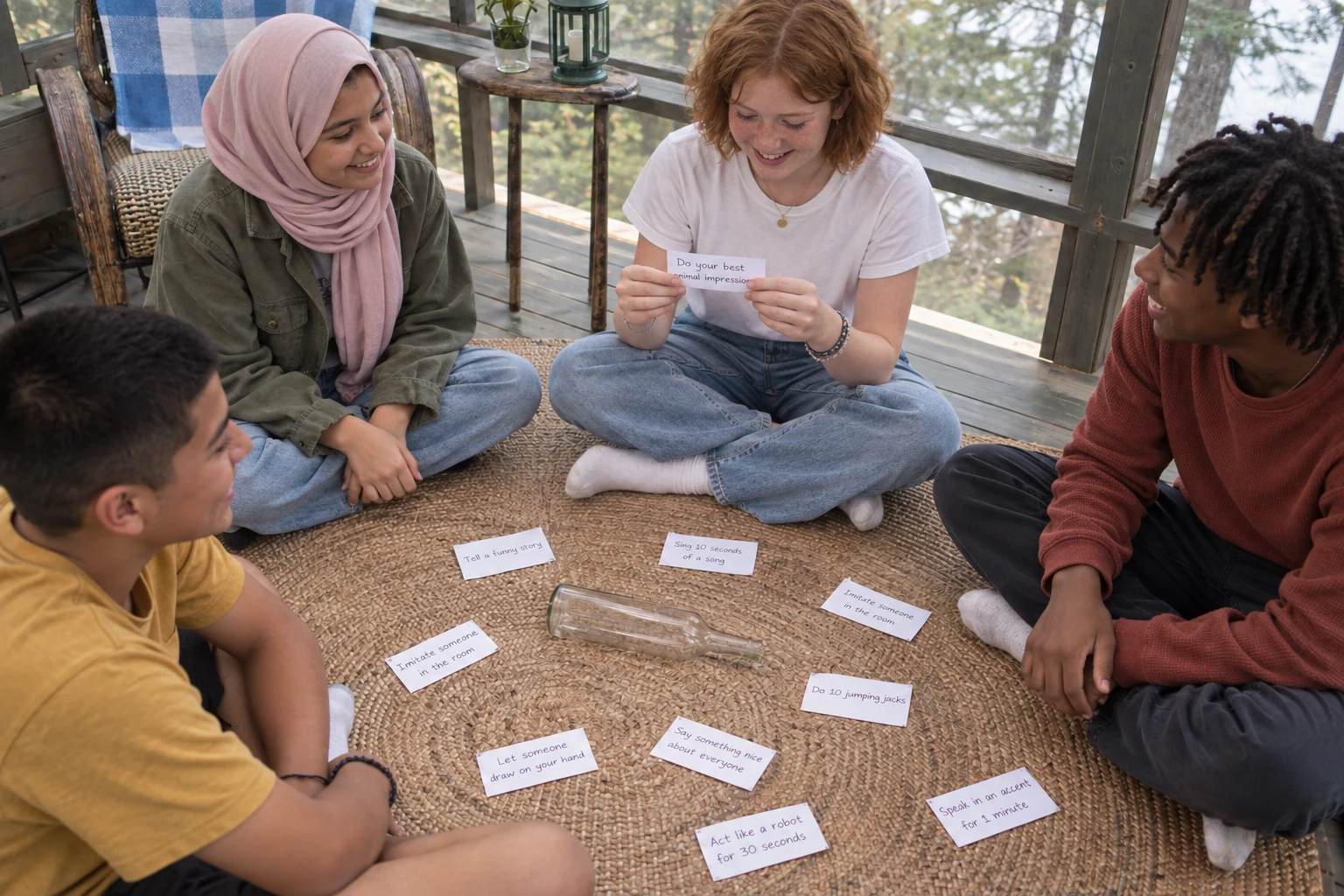 Friends sit in a circle on a screened porch with a spinning bottle and family challenge cards.