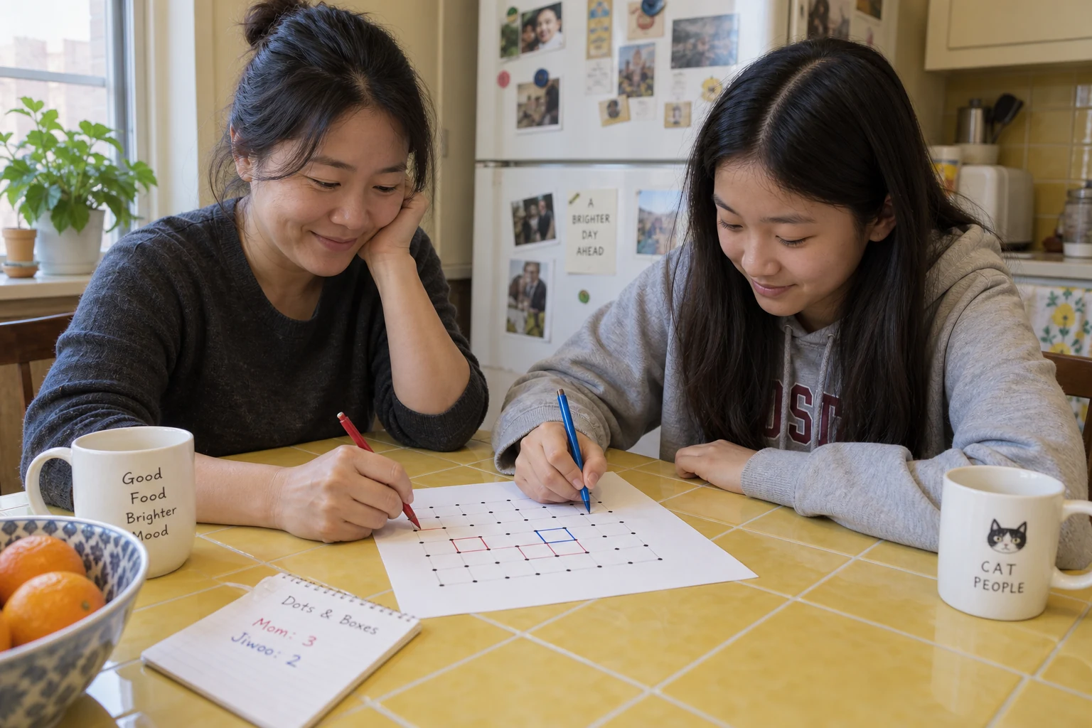 Two players draw lines and close boxes on a Dots and Boxes grid at a kitchen table.
