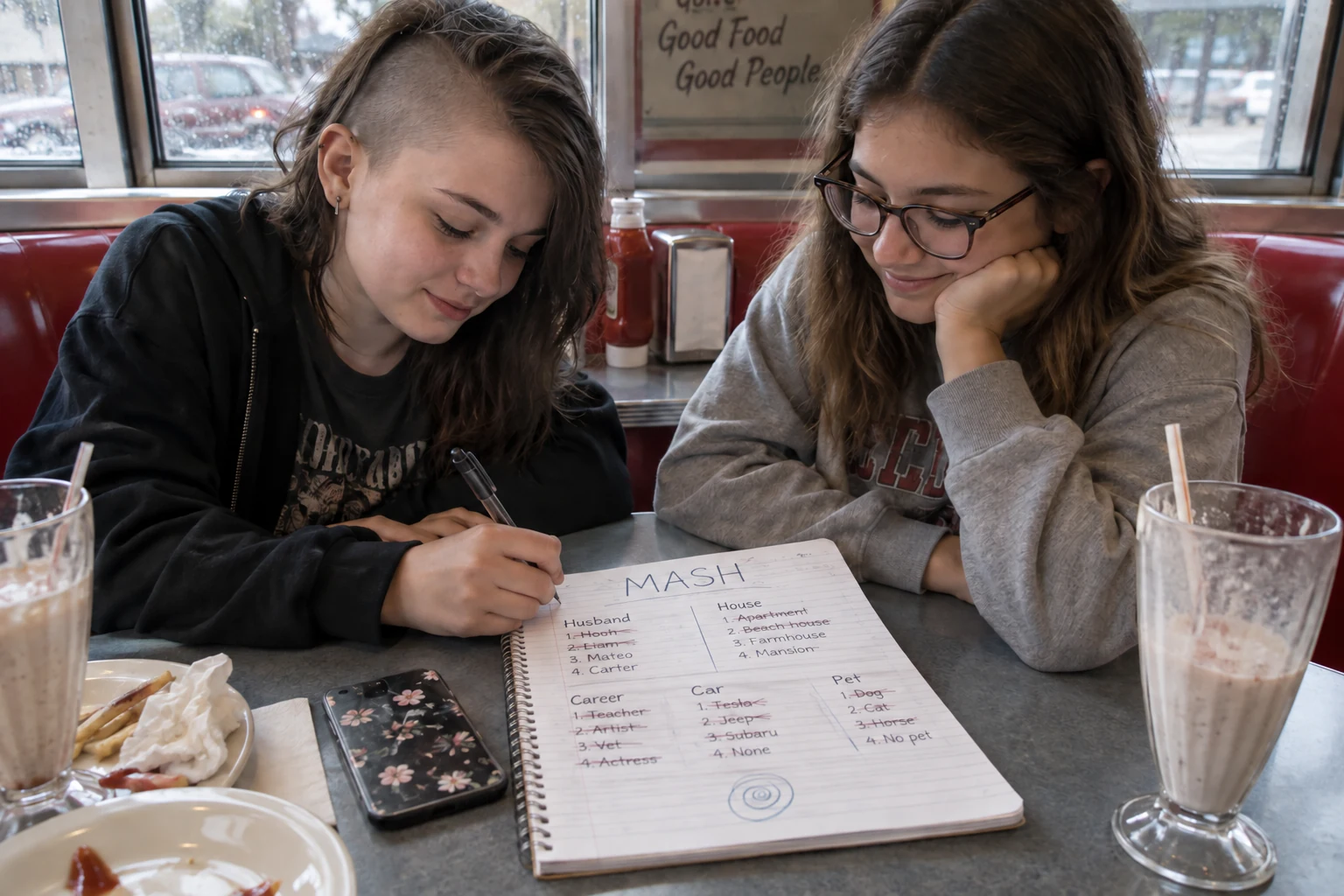 Two friends cross out MASH choices in a notebook while sitting in a diner booth.