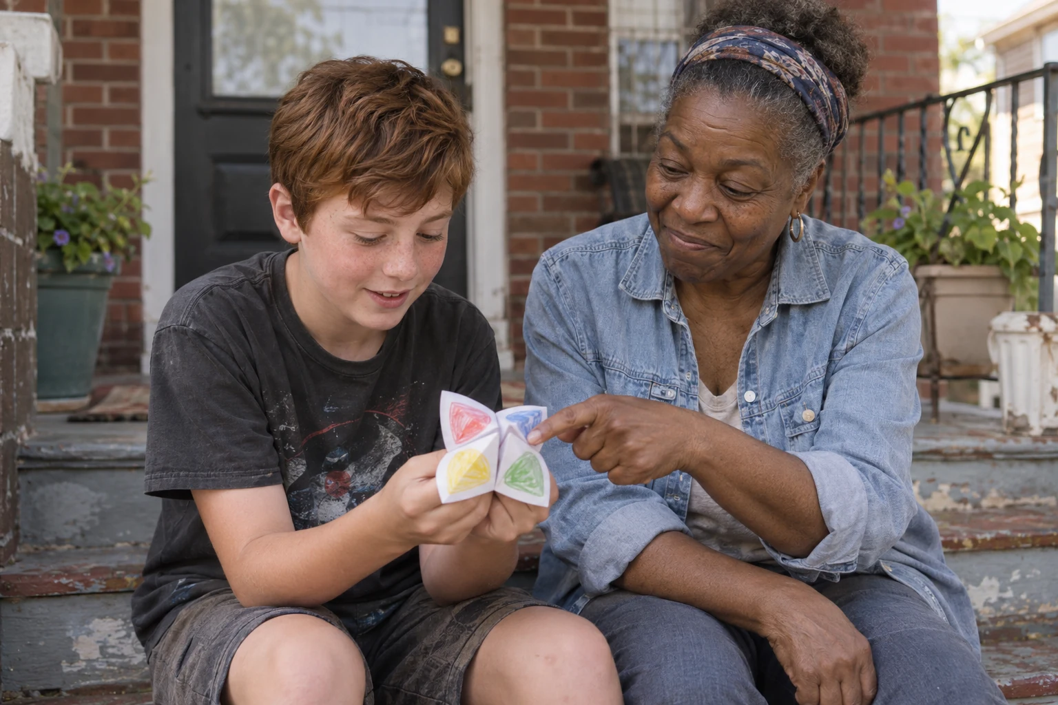 A teen and grandmother choose a flap on a colorful paper fortune teller on their porch.