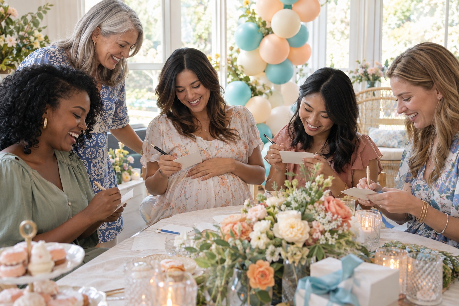 Friends celebrating a baby shower with prediction cards