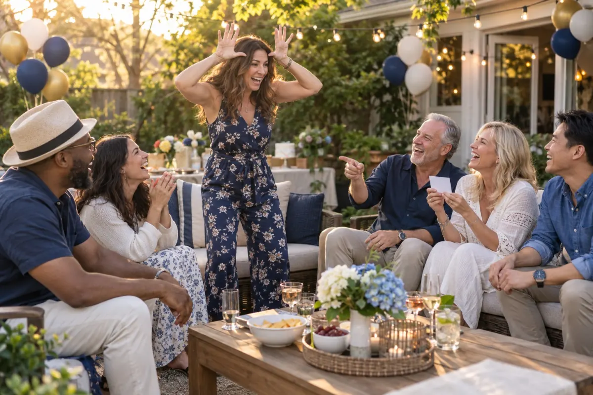 Friends laughing and acting out charades at a colorful backyard party