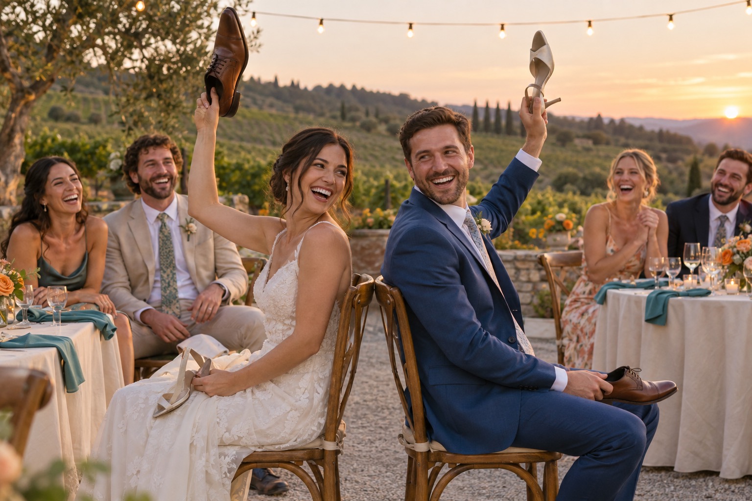 A couple and their guests enjoying a wedding shoe game